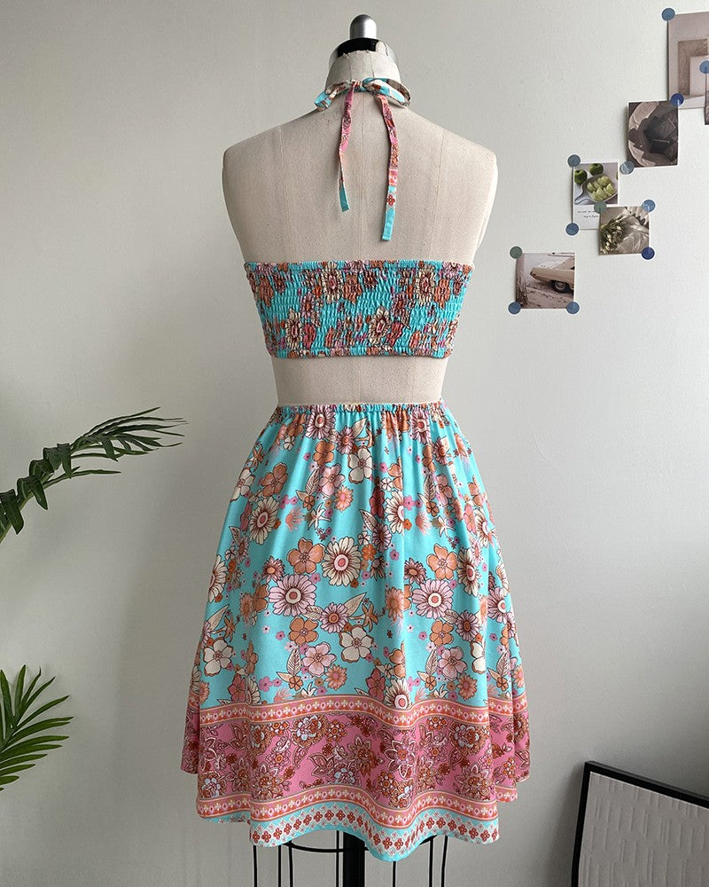 Floral Print Halter Tied Detail Elastic Shirred Back Mini Dress Casual A Line Dress