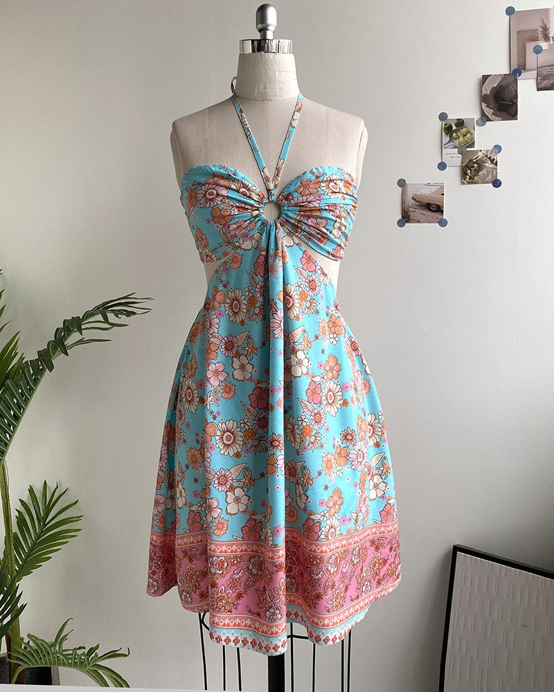 Floral Print Halter Tied Detail Elastic Shirred Back Mini Dress Casual A Line Dress
