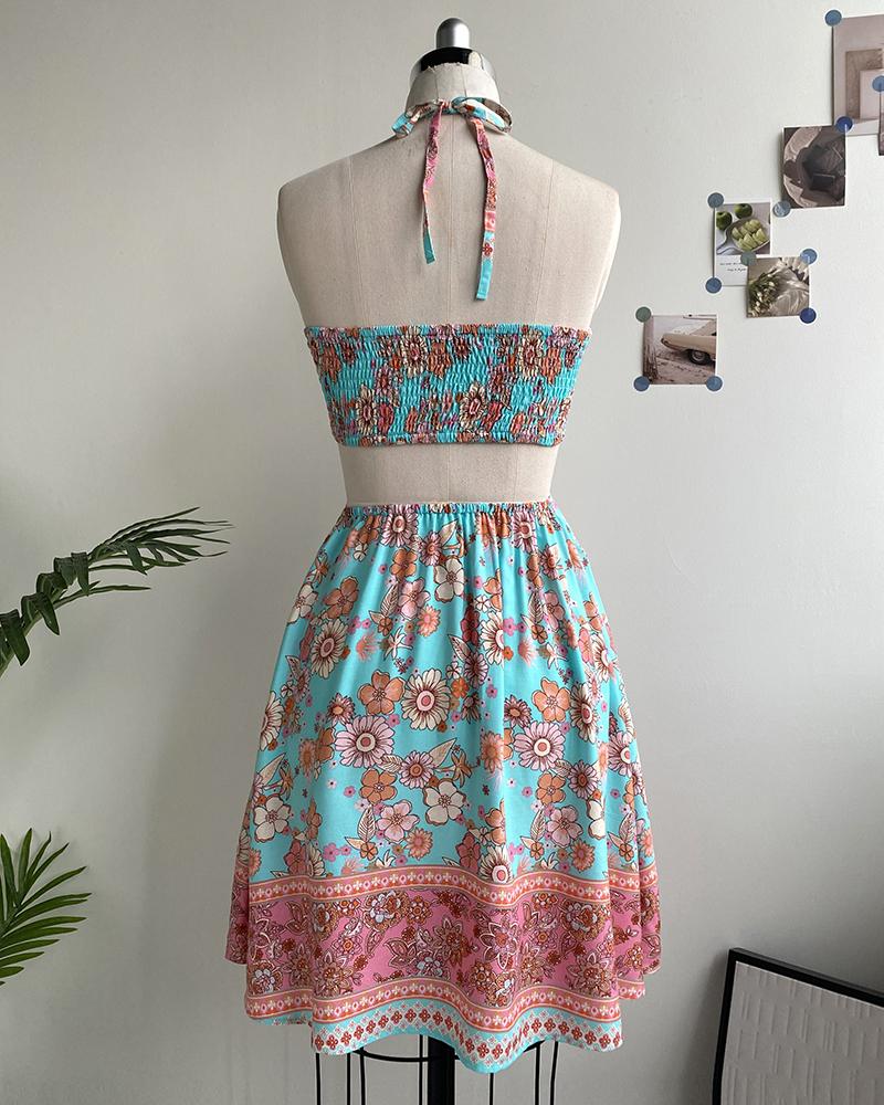 Floral Print Halter Tied Detail Elastic Shirred Back Mini Dress Casual Hollow Out A Line Vacation Dress