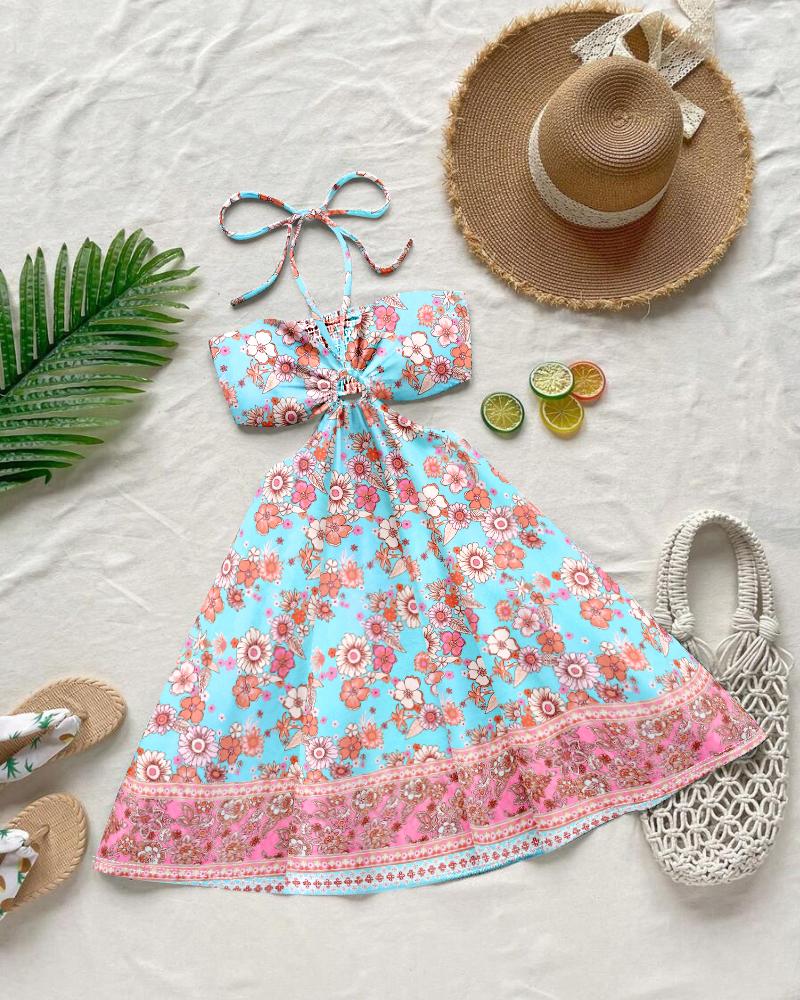 Floral Print Halter Tied Detail Elastic Shirred Back Mini Dress Casual Hollow Out A Line Vacation Dress