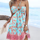 Floral Print Halter Tied Detail Elastic Shirred Back Mini Dress Casual Hollow Out A Line Vacation Dress