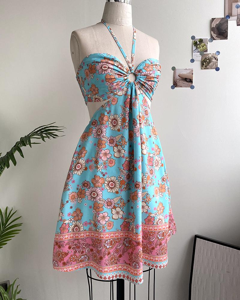 Floral Print Halter Tied Detail Elastic Shirred Back Mini Dress Casual Hollow Out A Line Dress