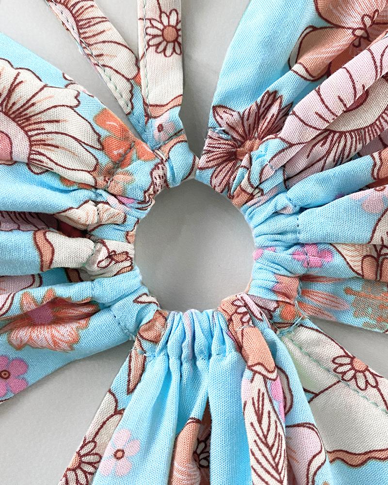 Floral Print Halter Tied Detail Elastic Shirred Back Mini Dress Casual Hollow Out A Line Dress