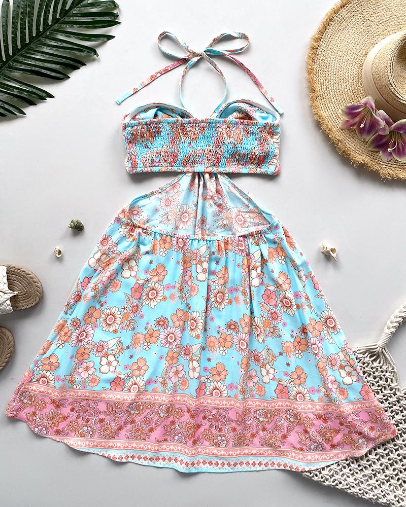 Floral Print Halter Tied Detail Elastic Shirred Back Mini Dress Casual Hollow Out A Line Dress