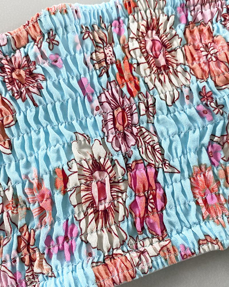 Floral Print Halter Tied Detail Elastic Shirred Back Mini Dress Casual Hollow Out A Line Dress