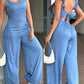 Scoop Neck Frill Hem Spaghetti Strap Jumpsuit Casual Pocket Design Back Lace Up Rompers