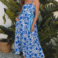 Blue Floral Printed Spaghetti Strap Maxi Dress with Waist Tie