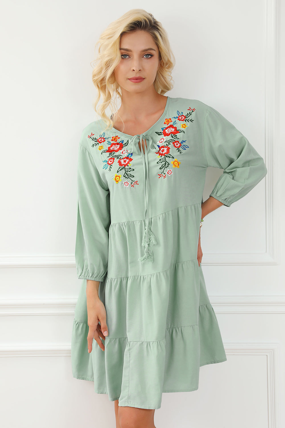 Green Floral Embroidery Tiered Ruffle Hem Dress