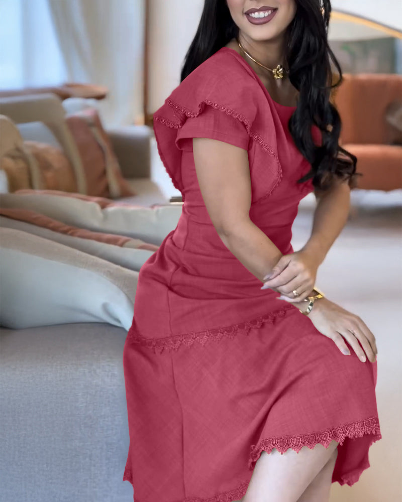 Butterfly Sleeve Hollow out Back Shirred Work Dress Casual Cinched Waist Lace Trim Ruffle Hem Dress