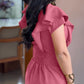 Butterfly Sleeve Hollow out Back Shirred Work Dress Casual Cinched Waist Lace Trim Ruffle Hem Dress