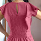 Butterfly Sleeve Hollow out Back Shirred Work Dress Casual Cinched Waist Lace Trim Ruffle Hem Dress