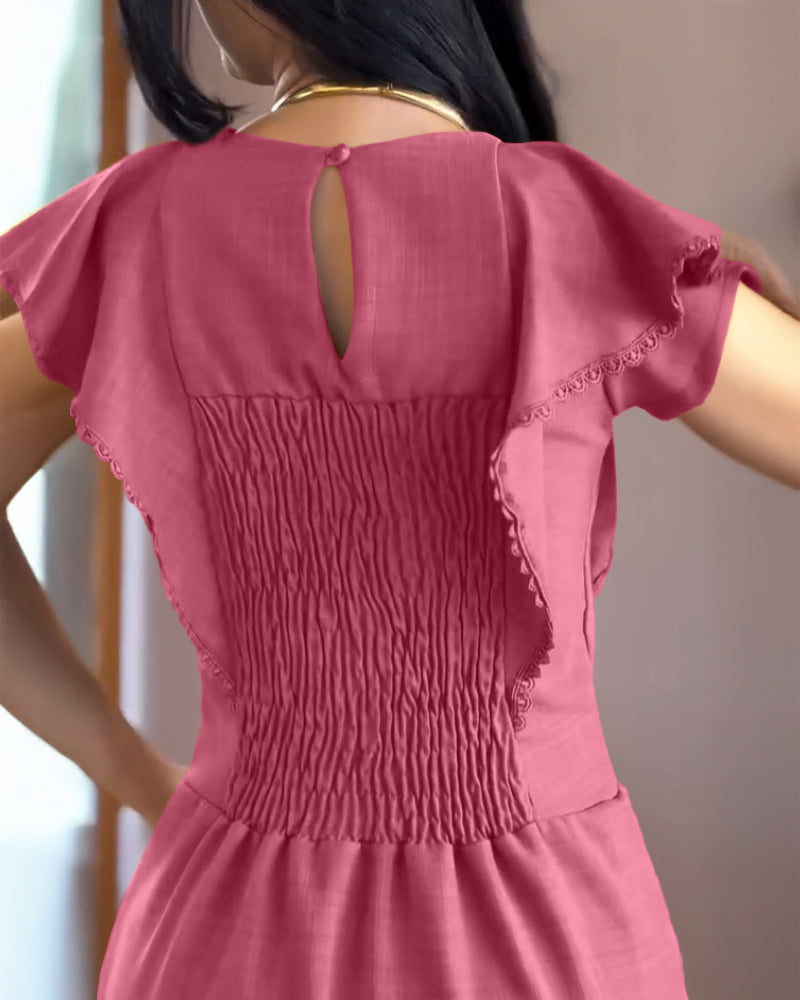 Butterfly Sleeve Hollow out Back Shirred Work Dress Casual Cinched Waist Lace Trim Ruffle Hem Dress