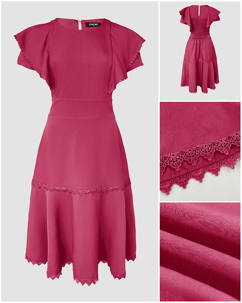 Butterfly Sleeve Hollow out Back Shirred Work Dress Casual Cinched Waist Lace Trim Ruffle Hem Dress