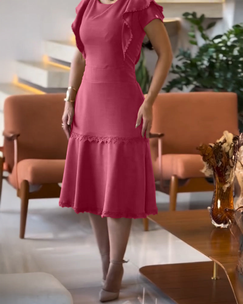 Butterfly Sleeve Hollow out Back Shirred Work Dress Casual Cinched Waist Lace Trim Ruffle Hem Dress