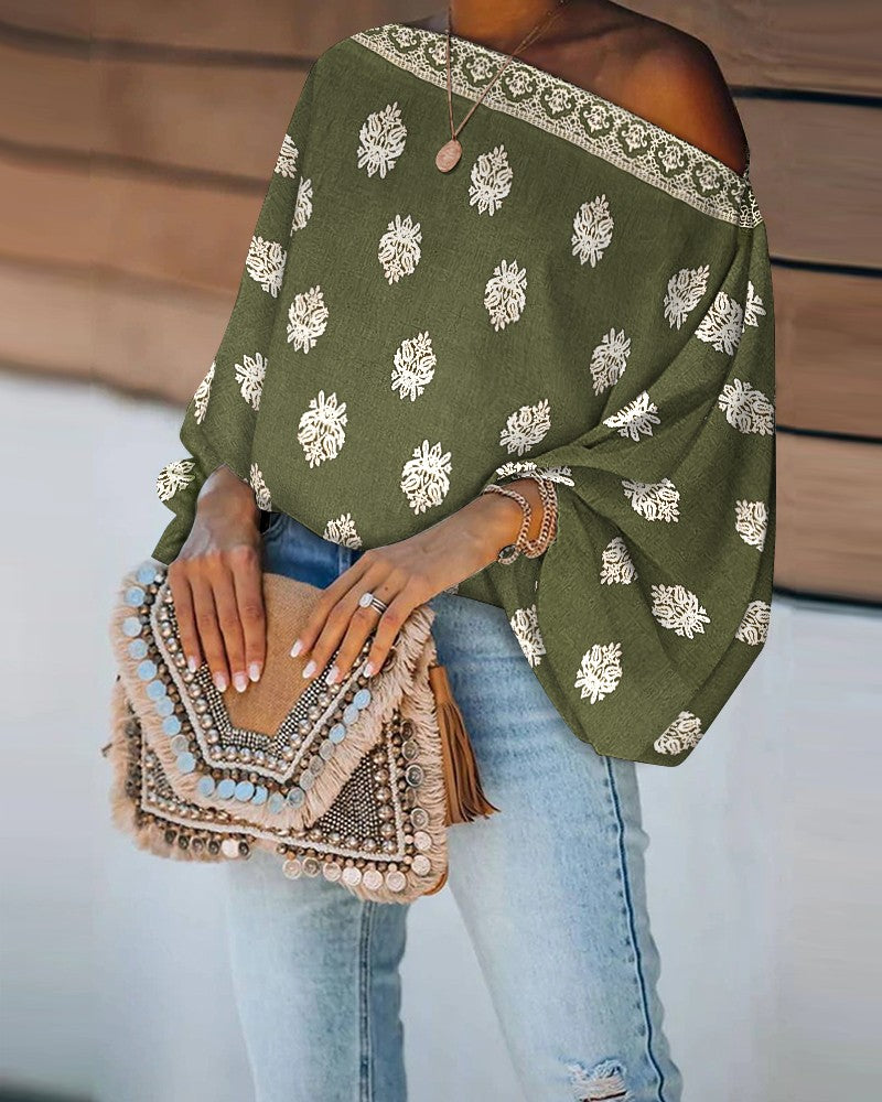 Floral Print Off the Shoulder Batwing Sleeve Top Casual Loose Fit Blouse