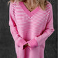 Pink Striped Scallop V Neck Loose Sweater with Slits