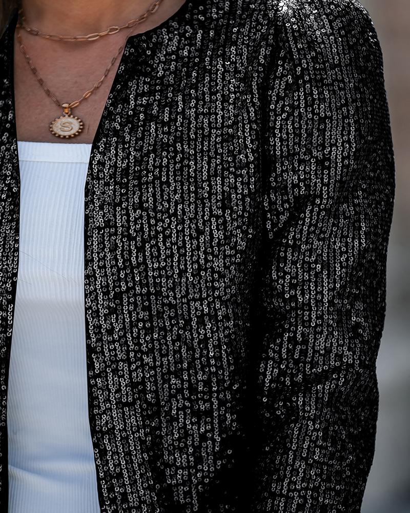 Sparkly Sequin Open Front Puff Sleeve Blazer Coat