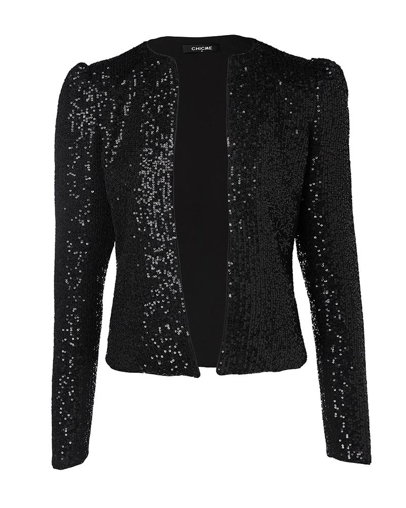 Sparkly Sequin Open Front Puff Sleeve Blazer Coat