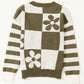 Green Checkered Floral Print Striped Sleeve Sweater