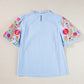 Light Blue Gingham Floral Embroidered Puff Sleeve Blouse