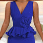 Rose Detail Ruffle Hem V Neck Bodycon Dress