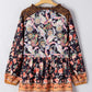 Black Plus Size Paisley Floral Print V Neck Bubble Sleeve Blouse