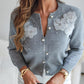 Floral Applique & Pearls Decor Round Neck Single Breasted Knit Cardigan Casual Sweater Coat
