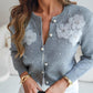 Floral Applique & Pearls Decor Round Neck Single Breasted Knit Cardigan Casual Sweater Coat