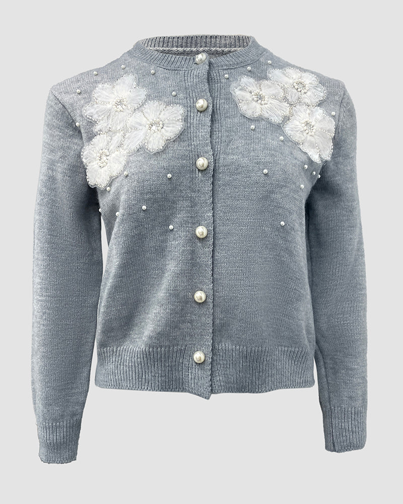 Floral Applique & Pearls Decor Round Neck Single Breasted Knit Cardigan Casual Sweater Coat