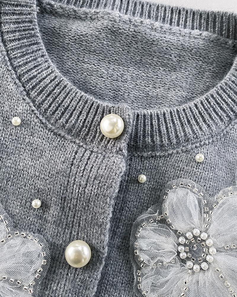 Floral Applique & Pearls Decor Round Neck Single Breasted Knit Cardigan Casual Sweater Coat