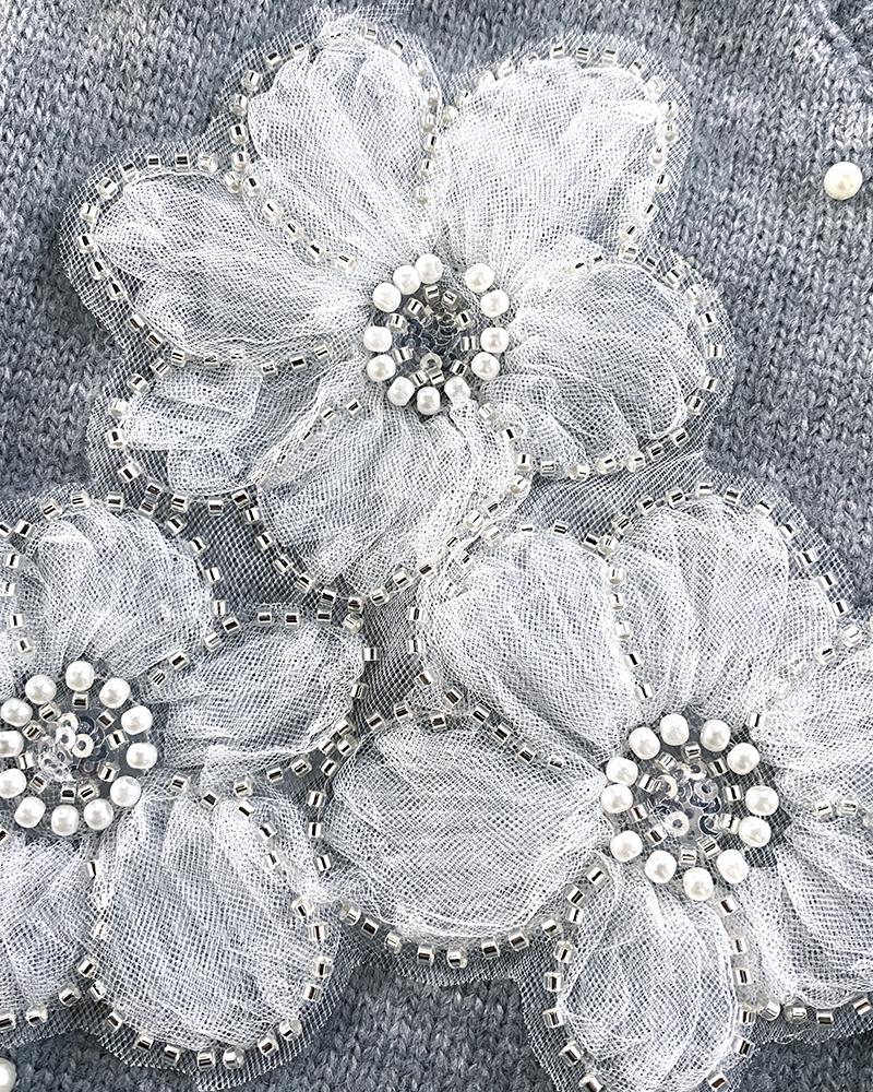 Floral Applique & Pearls Decor Round Neck Single Breasted Knit Cardigan Casual Sweater Coat