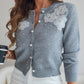 Floral Applique & Pearls Decor Round Neck Single Breasted Knit Cardigan Casual Sweater Coat