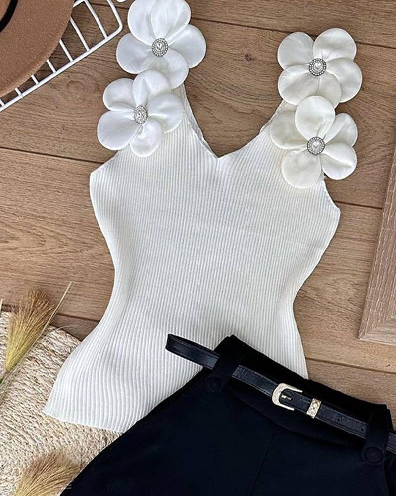Floral Pattern Beaded Rhinestone Tank