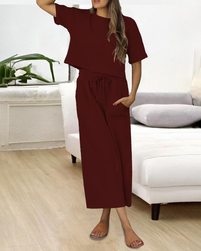 2 Piece Outfits  Round Neck Short Sleeve Pullover Tops and Casual Drawstring Wide Leg Pants Lounge Sets