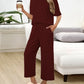 2 Piece Outfits  Round Neck Short Sleeve Pullover Tops and Casual Drawstring Wide Leg Pants Lounge Sets