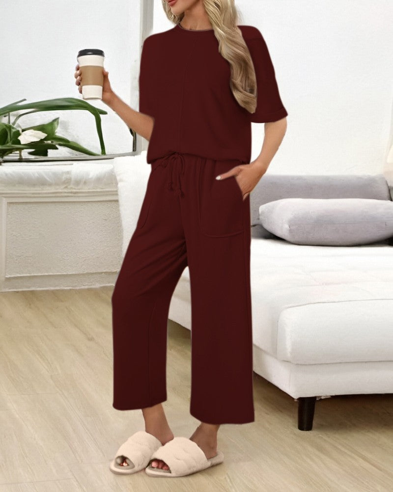 2 Piece Outfits  Round Neck Short Sleeve Pullover Tops and Casual Drawstring Wide Leg Pants Lounge Sets