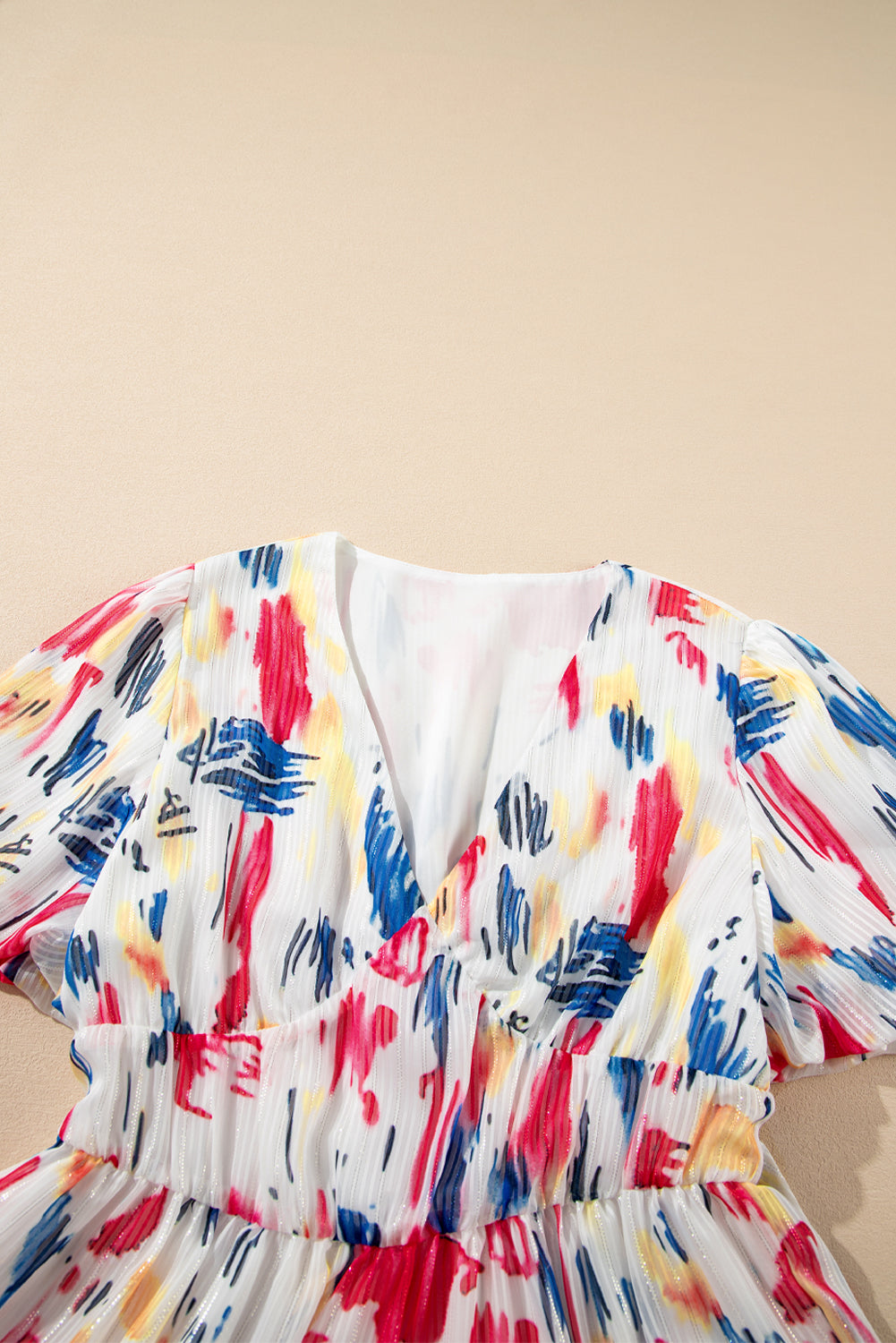 Rose Abstract Print Short Puff Sleeve Tiered Maxi Dress