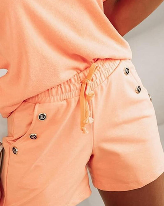 Button Decor V Neck Top & Drawstring Pocket Design Shorts Set