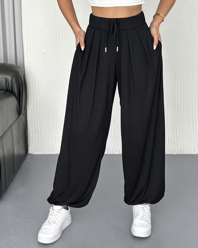 High Waist Elastic Dtrawstring Cuffed Pants Casual Loose Fit Ruched Pants