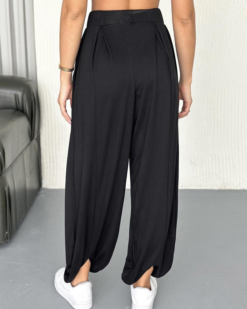 High Waist Elastic Dtrawstring Cuffed Pants Casual Loose Fit Ruched Pants
