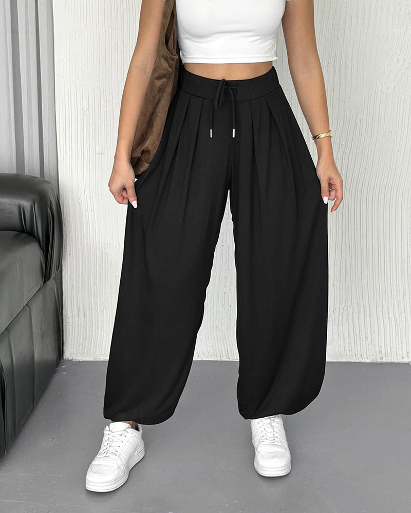 High Waist Elastic Dtrawstring Cuffed Pants Casual Loose Fit Ruched Pants