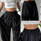High Waist Elastic Dtrawstring Cuffed Pants Casual Loose Fit Ruched Pants