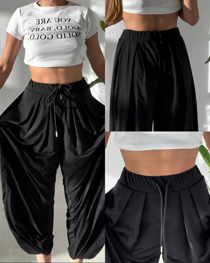 High Waist Elastic Dtrawstring Cuffed Pants Casual Loose Fit Ruched Pants