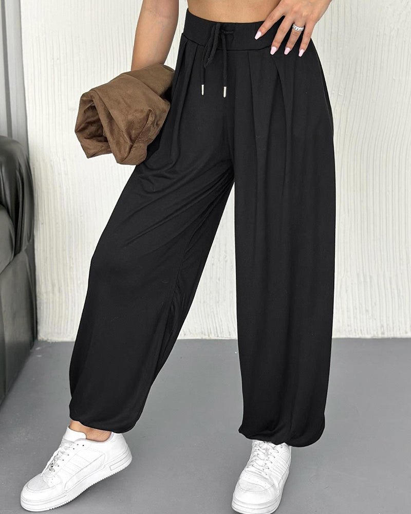 High Waist Elastic Dtrawstring Cuffed Pants Casual Loose Fit Ruched Pants