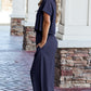 Navy Blue Raw Hem Loose Tee and Wide Leg Pants Set