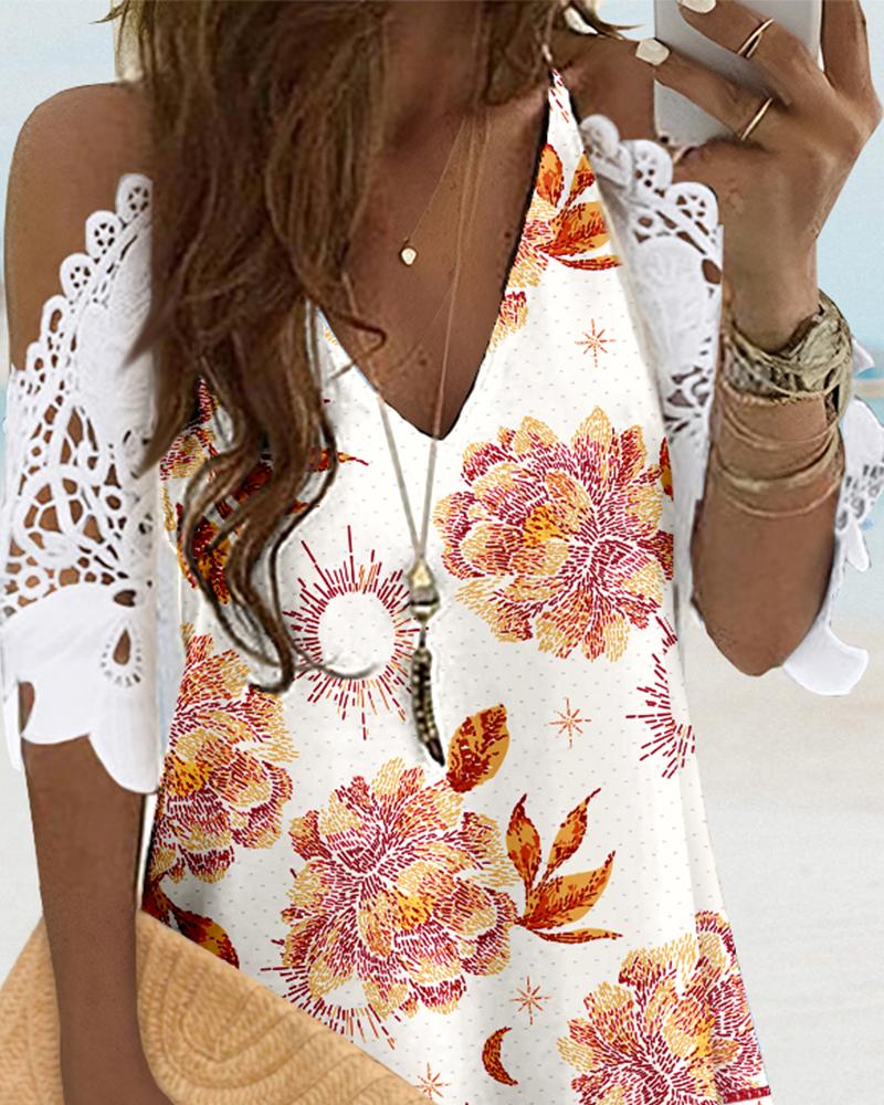 Floral Print Cold Shoulder Deep V Crochet Lace Mini Dress Casual Dress
