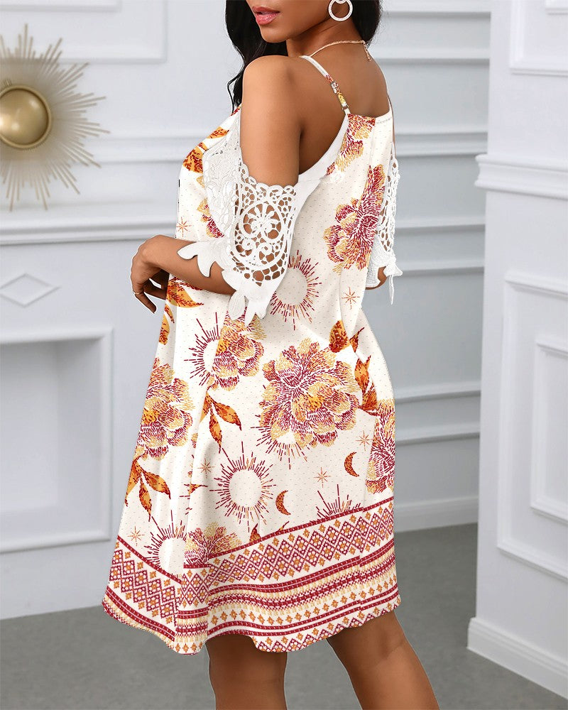 Floral Print Cold Shoulder Deep V Crochet Lace Mini Dress Casual Dress