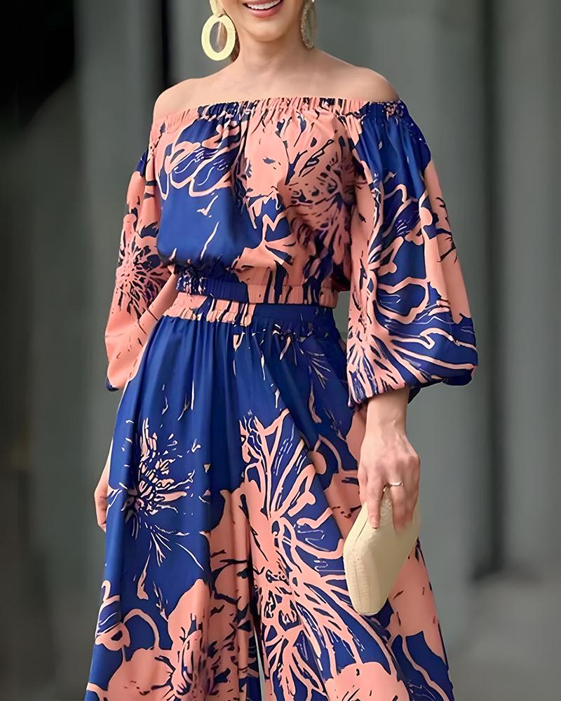 Floral Print Off Shoulder Lantern Sleeve Top and Casual Floral Pants Set