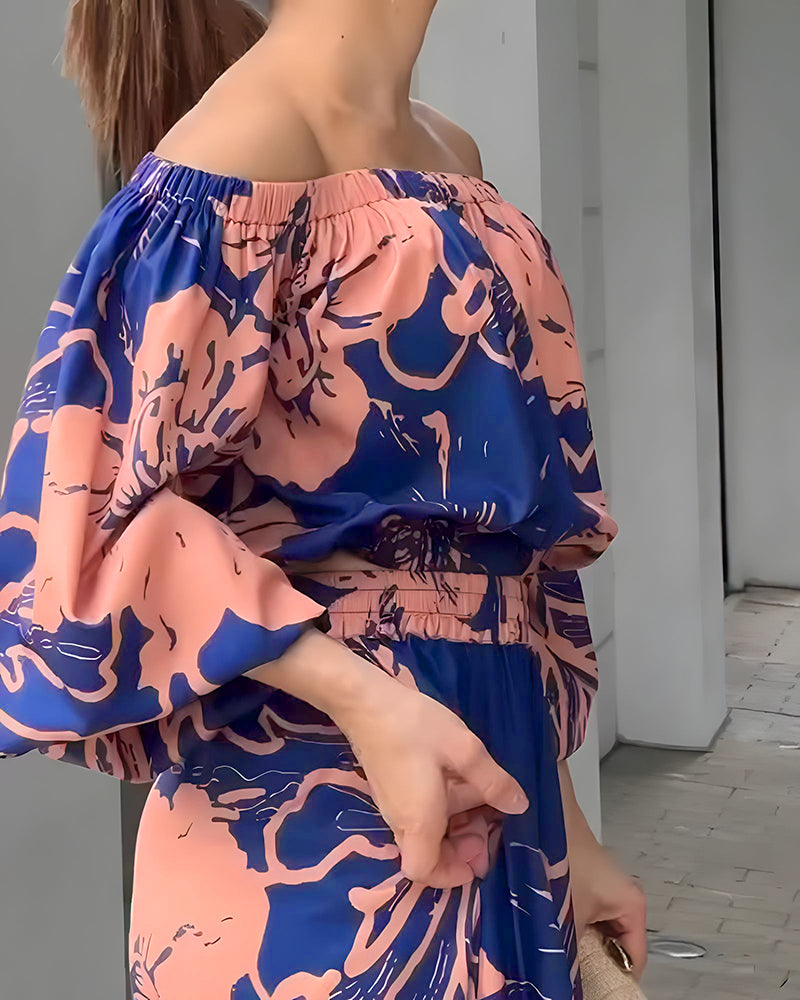 Floral Print Off Shoulder Lantern Sleeve Top and Casual Floral Pants Set