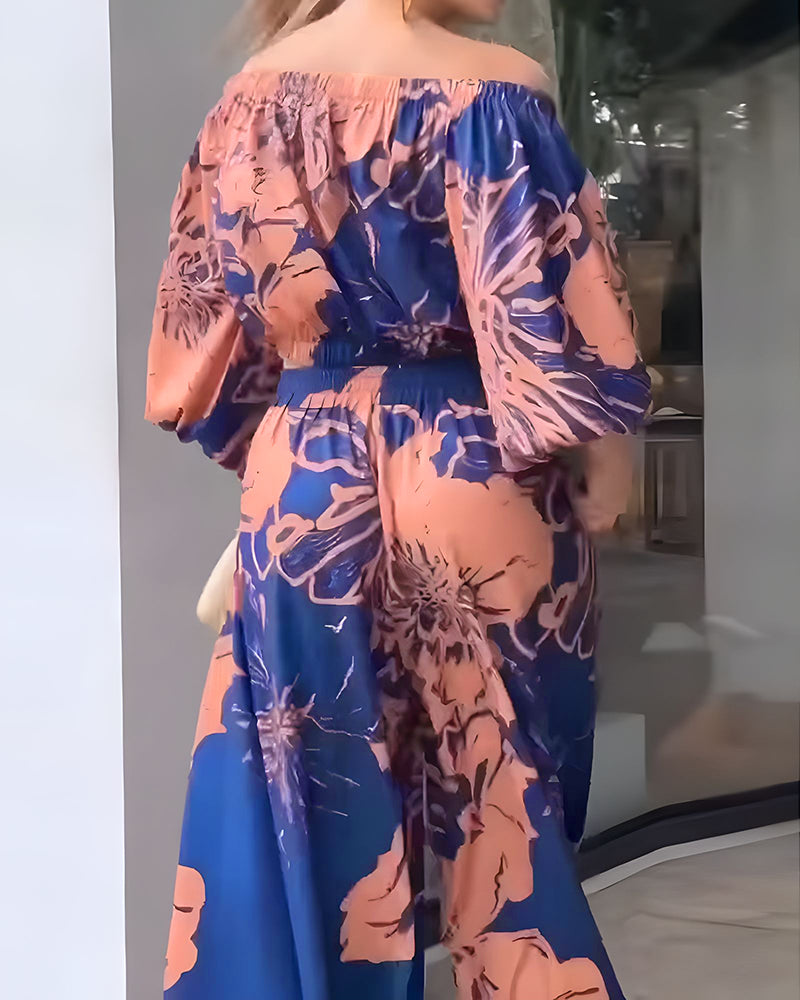 Floral Print Off Shoulder Lantern Sleeve Top and Casual Floral Pants Set